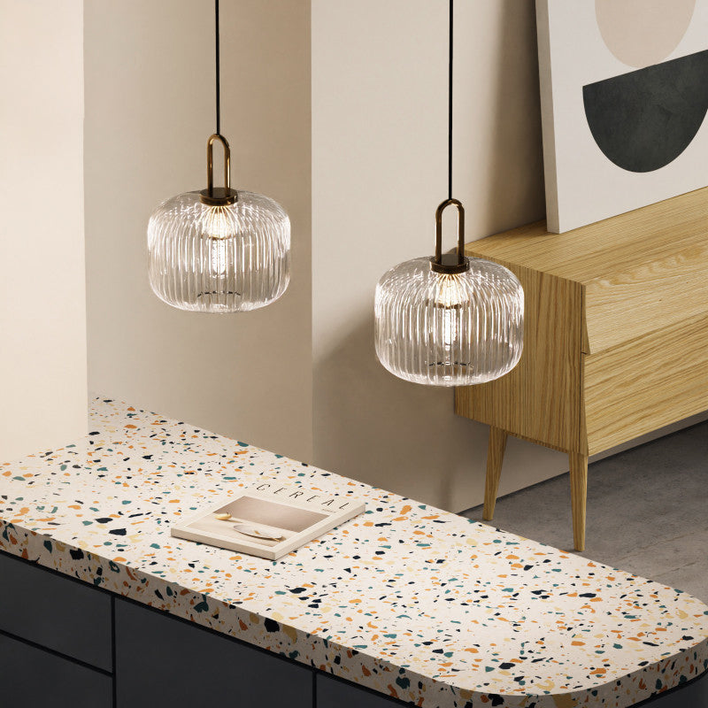 Suspension Contemporaine Nordique Ronde Ovale En Acier Inoxydable Et Verre Rayé À 1 Ampoule Pour Salon