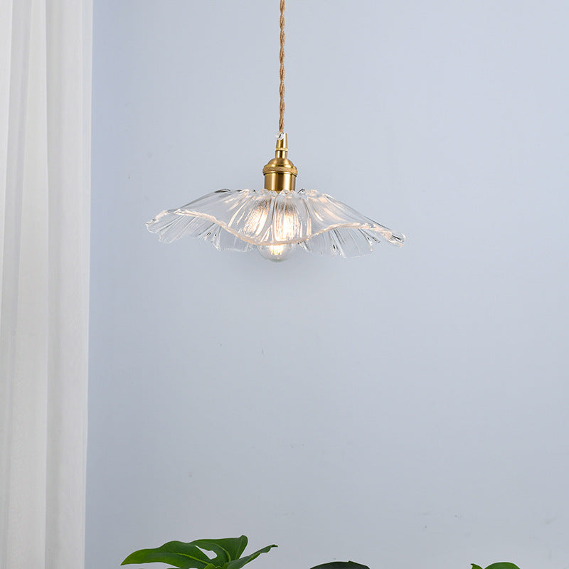 Suspension Nordique Vintage En Verre Transparent En Forme De Fleur À 1 Ampoule En Laiton