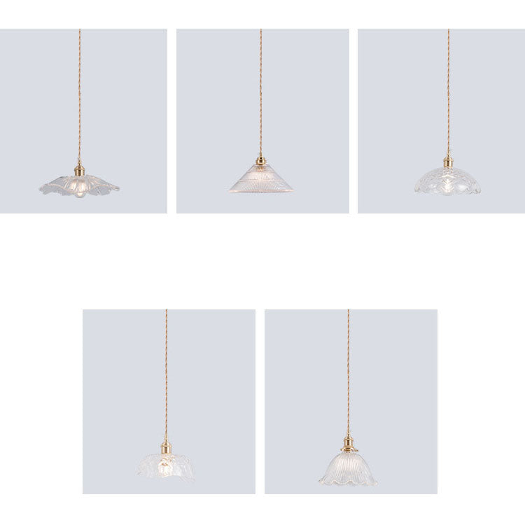 Suspension Nordique Vintage En Verre Transparent En Forme De Fleur À 1 Ampoule En Laiton