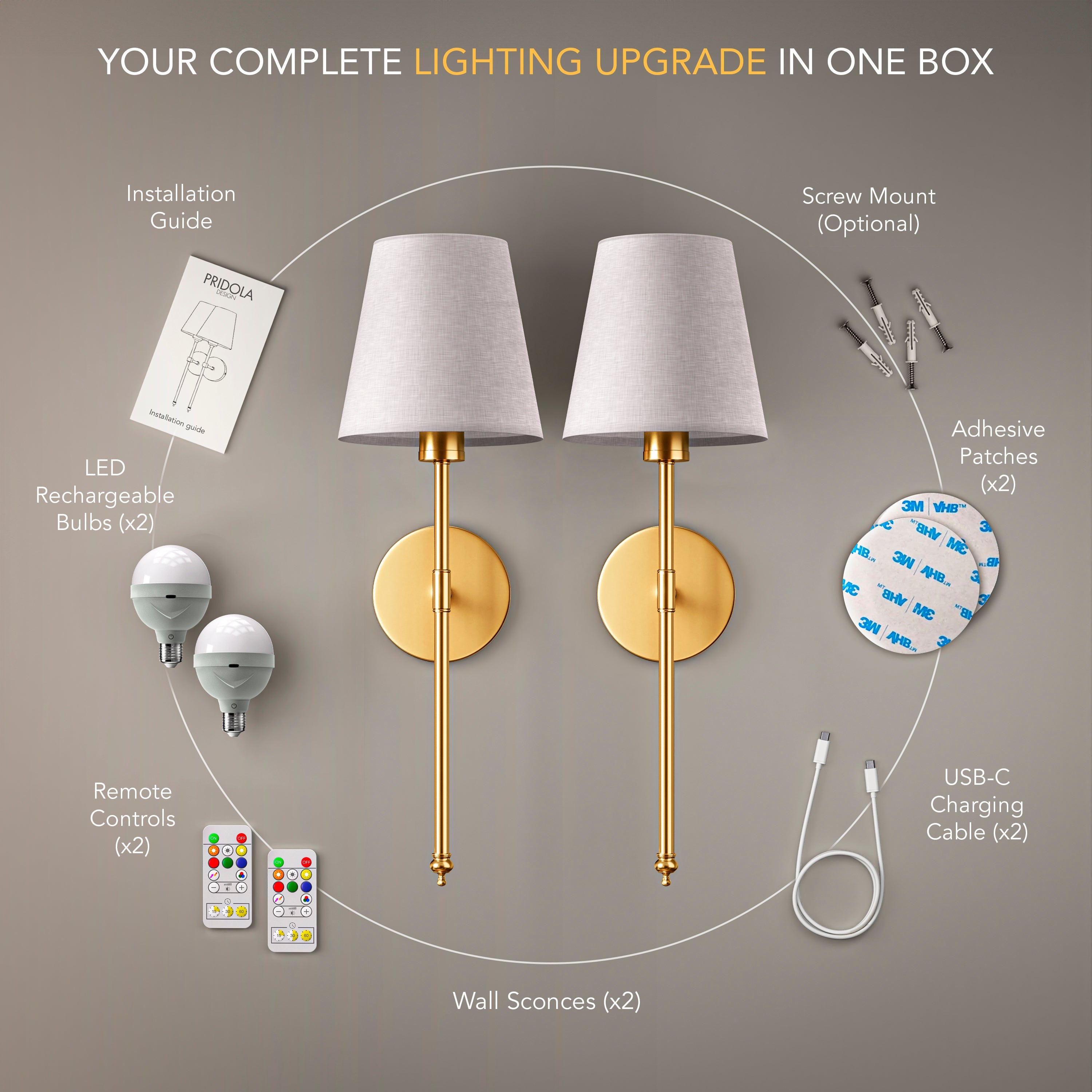 WIRELESS WALL SCONCE (SET OF 2 + 2 BULBS INCLUDED)