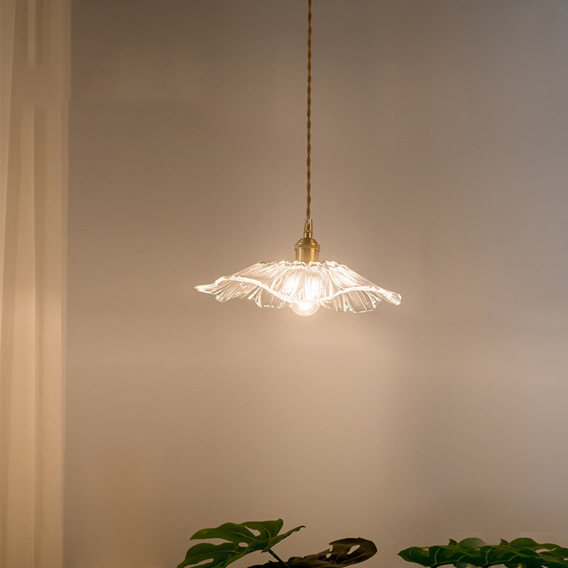Suspension Nordique Vintage En Verre Transparent En Forme De Fleur À 1 Ampoule En Laiton