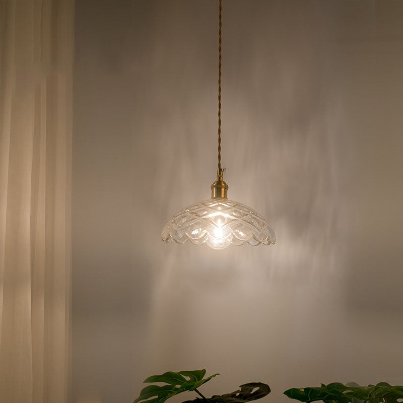 Suspension Nordique Vintage En Verre Transparent En Forme De Fleur À 1 Ampoule En Laiton