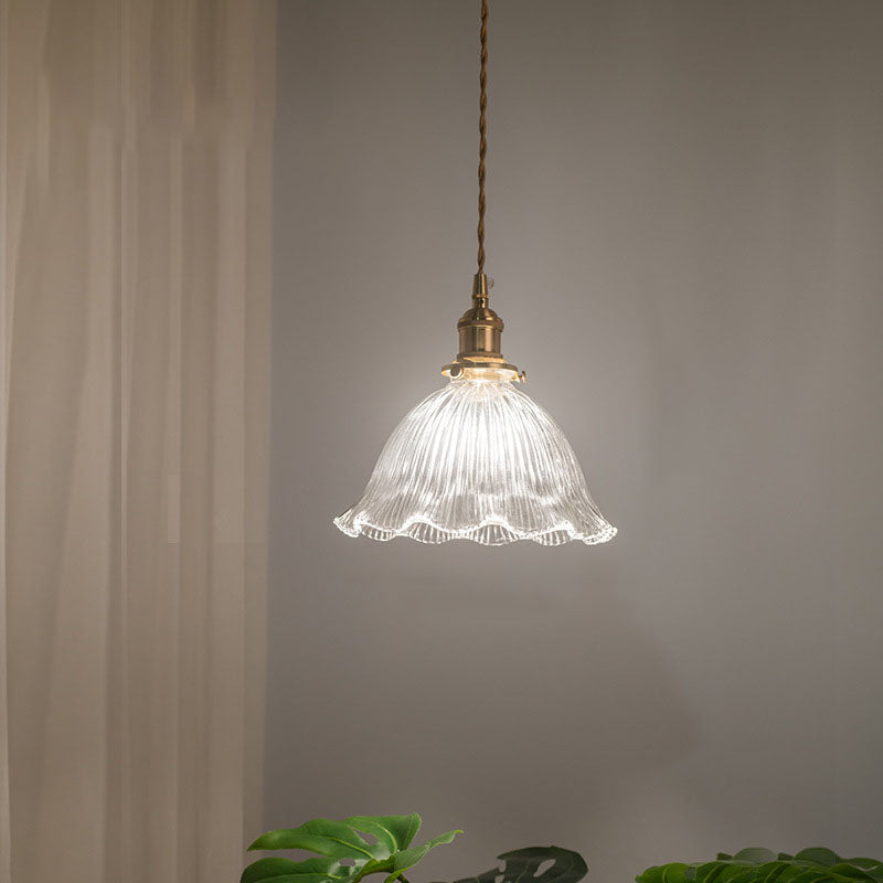 Suspension Nordique Vintage En Verre Transparent En Forme De Fleur À 1 Ampoule En Laiton