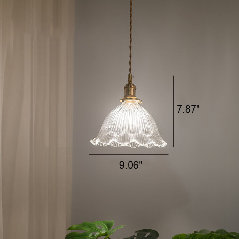 Suspension Nordique Vintage En Verre Transparent En Forme De Fleur À 1 Ampoule En Laiton